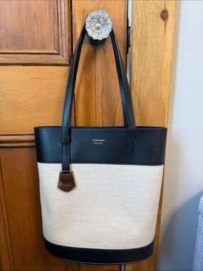 Salvatore Ferragamo Black and Cream Canvas Leather-Trim Tote